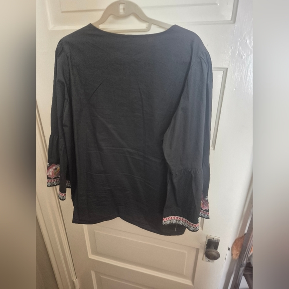 Boho Embroidered Cotton Tunic Top 2XL Black Floral Peasant Johnny Was Style - Picture 5 of 6